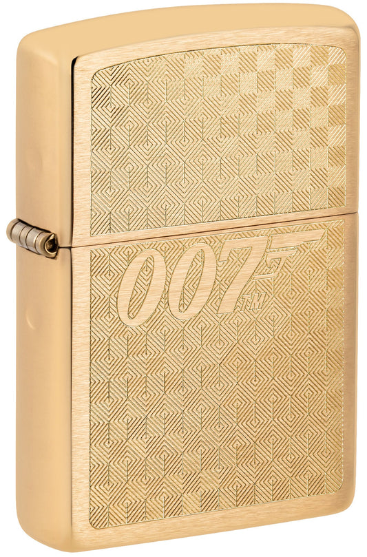 Front shot of Zippo Textured James Bond 007™ Design Brushed Brass Windproof Lighter standing at a 3/4 angle.