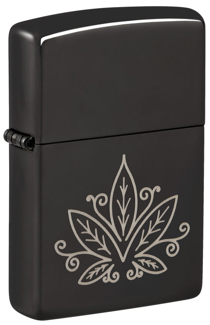Front view of Zippo Cannabis Design High Polish Black Windproof Lighter standing at a 3/4 angle.